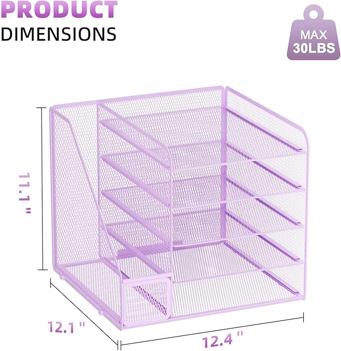 Marbrasse Desk Organizers and Accessories, 5-Tier Paper Letter Tray Organizer with File Holder, Mesh File Organizer, Office Desk Accessories & Organization for Supplies (Purple)