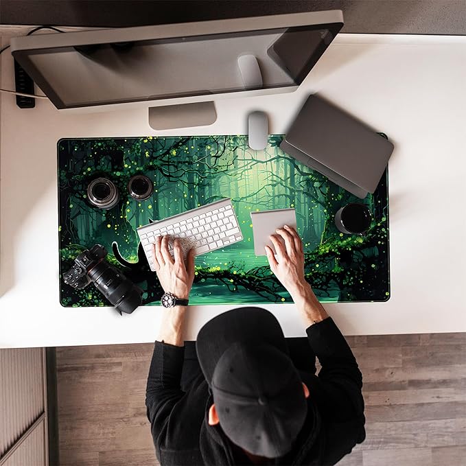 Kawaii Green Forest Desk Pad Mouse Pad Cute Black Cat Desk Mat, XXL Extended Anime Cats Large Gaming Mousepad, Computer Keyboard and Mouse Deskpad Decor Deskmat with Stitched Edges Mat 31.5x15.7 in