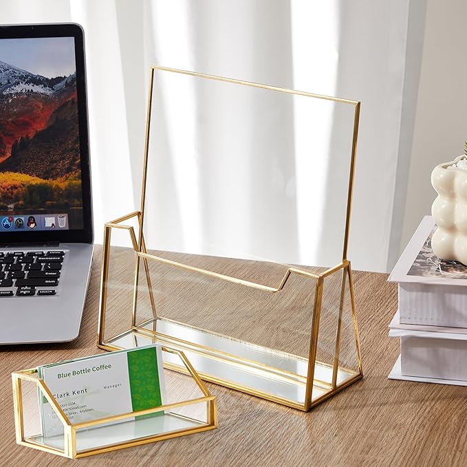 4 Pcs Glass Display Stand Set 2 Gold Glass Brochure Holder Stand 2 Gold Business Card Holder for Office Desktop Countertop Name Card Magazine Literature Journal(8.5 x 11'')