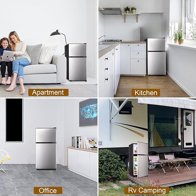 Mini Fridge with Freezer, 3.3 Cu. Ft. Double-Door Small Refrigerator with Adjustable 7-Level Thermostat & Separate Freezer, Dorm Fridge Compact for Kichen, RV, Office, Apartment, Silver