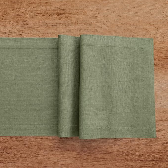Solino Home Linen Oil Green Table Runner 132 Inches Long - 100% Pure Linen Extra Long Table Runner 14 x 132 Inch for Fall, Autumn, Thanksgiving - Fete