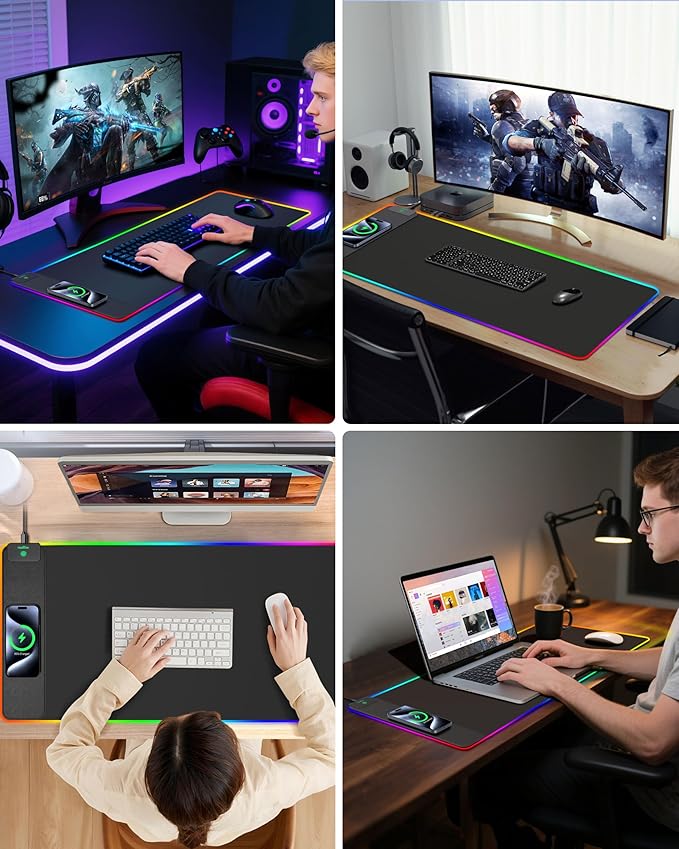 Mouse Pad with Wireless Charging, RGB Gaming Desk Mat, Large XXL Desk Pad, 15 Lighting Modes, Ultra-Smooth Surface, Non-Slip Mouse Mat, Waterproof Computer Keyboard Pad for Gamer, 800x400x4MM, Black