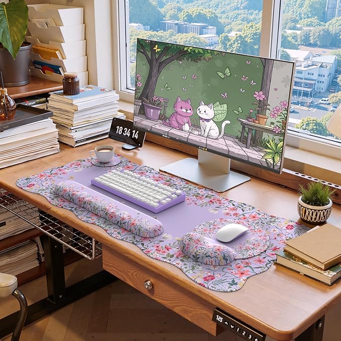 iLeadon XXL Mouse Pad, Mousepad with Wrist Rest, Memory Foam Wrist Support for Keyboard, Ultra Smooth Mouse Pad for Gaming, Purple Desk Mat for Office Home (Floral)