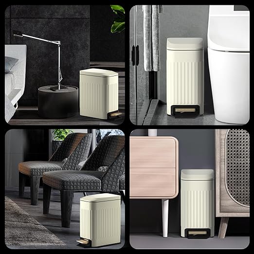 Small Bathroom Trash Can with Lid Soft Close-6L/1.6 Gal Slim Step Garbage Can-Metal Pedal Wastebasket-Narrow Rectangle Garbage Container Bin for Corner Office, Bedroom, Toilet, Live Room-Beige