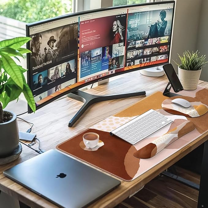 iCasso Desk Mat, Gaming Mouse Pad Wrist Support Set, XXL Large Mousepad + Keyboard Wrist Rest+Mouse Wrist Rest+Coastert with Ergonomic Design for Home Office Computer (C-Four-Coffee-Color-Block)