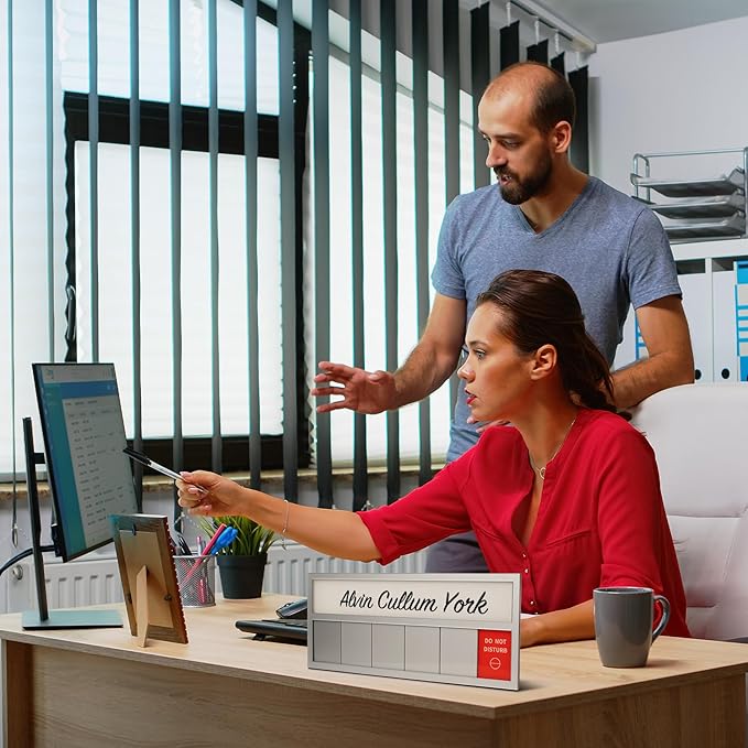 Name Plate for Desk& Office Door Sign, 6 Options Do Not Disturb, In A Meeting, Out of Office, Working Remotely, Please Knock, Stick or Stand with Desk Name Plate, Silver