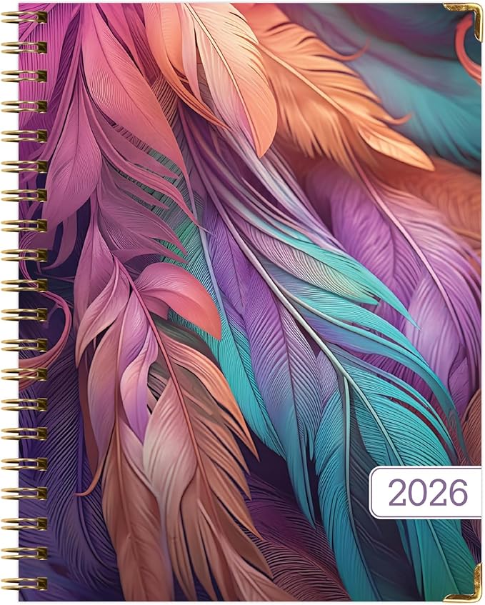 HARDCOVER 2026 Planner, 7"x9": 14 Months (November 2025 - December 2026), Daily Weekly Monthly Planner, Yearly Agenda, Bookmark, Pocket Folder and Sticky Note Set (Pastel Peacock)