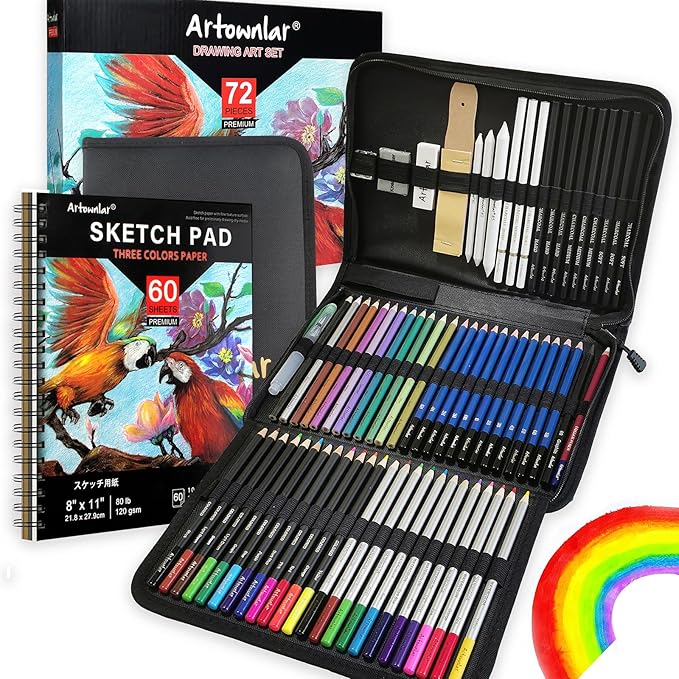 Artownlar 72 Pack Drawing Sketching Set with 8x11 Sketchbook | Pro Art Supplies Kit for Artist Adults Teens Beginner | Graphite Charcoal, Watercolor & Metallic Colored Pencils in Gift Case.