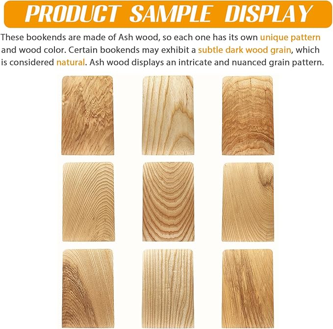 Ash Wood Book Ends Heavy Duty Handmade Book Ends for Shelves Decorative Bookends to Hold Heavy Books (Ash Wood Large)