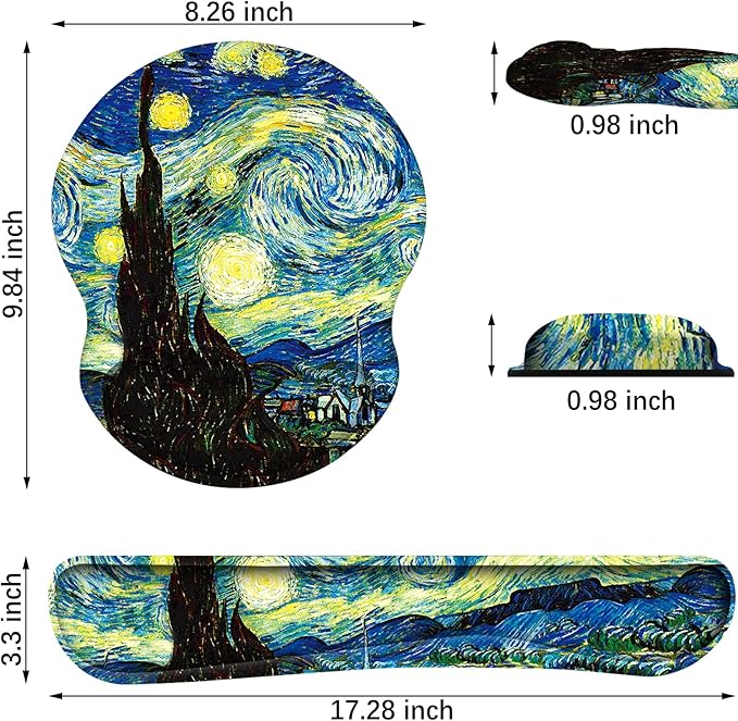 ARTSO Ergonomic Mouse Pad with Wrist Rest, Comfortable Keyboard Wrist Rest, Memory Foam Mousepad for Computer Keyboard, Mouse Pad Set for Easy Typing, Pain Relief, Starry Sky Oil Painting