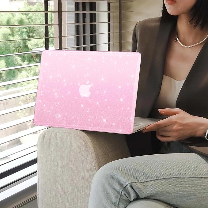 KEROM Pink Glitter Case for MacBook Air 13 inch 2022-2018 M1 A2337 A2179 A1932, MacBook Air M1 Case - Girly Shiny Bling Sparkle Glitter Plastic Hard Shell Case & Keyboard Cover for MacBook Air 13.3''