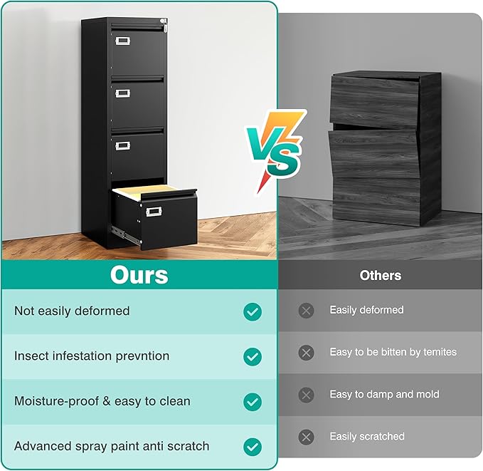 SISESOL 4 Drawer File Cabinet with Lock and Tag,Black Vertical File Cabinet,Narrow Locking Filing Cabinets with Drawers,Metal Filing Storage for Home Office Fit A4 Legal/Letter Size