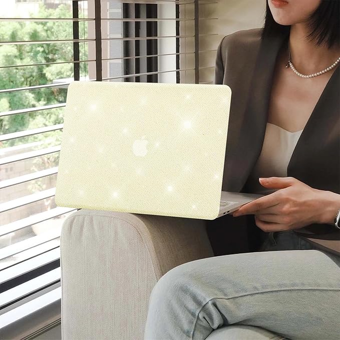 KEROM Bling Glitter Case for MacBook Air 13 inch 2022-2018 M1 A2337 A2179 A1932, MacBook Air M1 Case, Luxury Bedazzled Shiny Sparkle PU Leather Hard Shell & Keyboard Cover for Mac Air 13 M1, Yellow