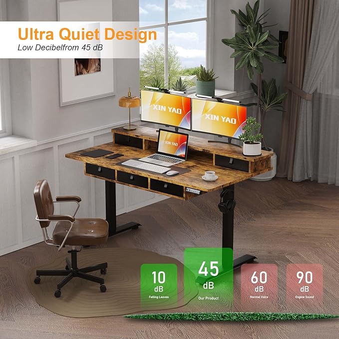 XINYAO Electric Standing Desk with 5 Drawers, 55x30 Inch Extra Wide Height Adjustable Sit Stand Up Desk with Storage Support 290lbs Ergonomic Rising Table with Wheels for Home Office