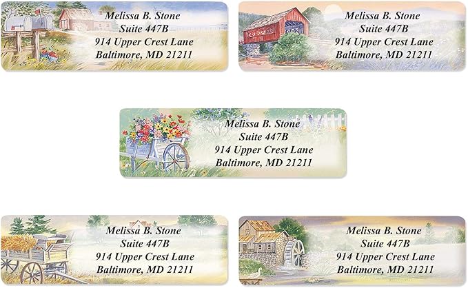Rural America Assorted Country Scenes Personalized Return Address Labels with Dispenser - Roll of 500 Custom Labels