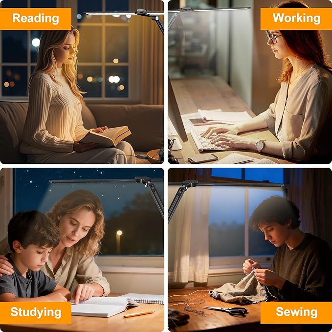 LED Desk Lamp for Office Home, 31.5" Architect Desk Light with Clamp Dual Screen Computer Monitor, 15W 5 Color X 10 Brightness Levels Table Lamp for Reading, Study, 1000LM Bright, Memory Function