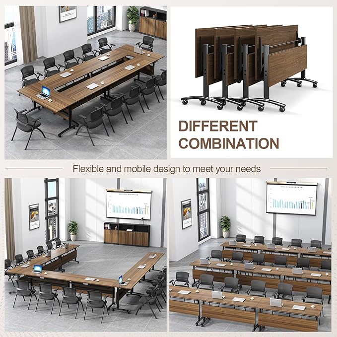 Folding Conference Room Table, Modern Conference Tables with Wheels, Large Rectangular Mobile Training Tables for Office Classroom, Foldable Modular Boardroom Seminar Table Walnut (6pack L55.1in)