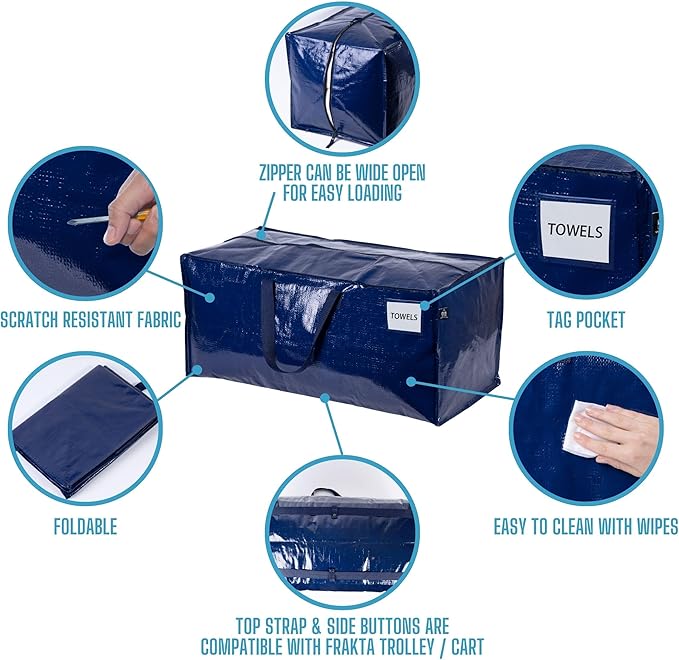 VENO 2 Pack Moving Bags w/Backpack Straps, Heavy Duty, Moving Boxes Alternative, Packing Supplies, Large Storage Totes for Dorm Room Essentials with Zipper for Clothes (Blue, 2 Pack)