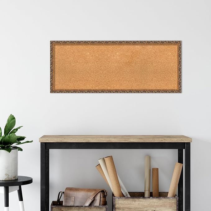 Amanti Art Natural Cork Board for Wall, 16x40 Vision Board with Bronze Frame, Medium Corkboard Office Decor for Home Organization, Traditional Corkboard Pinboard to Display Items for Home