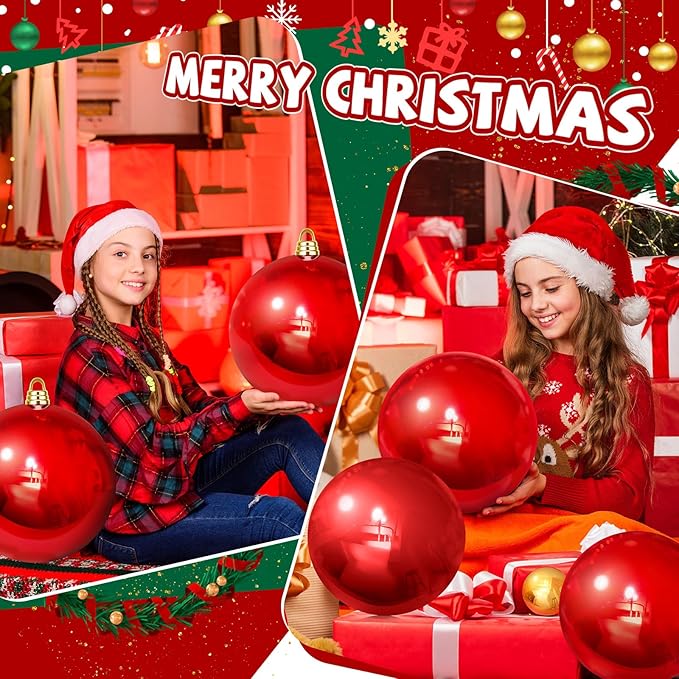 6 Pcs Christmas Ball Ornaments 12 Inch UV Resistant and Waterproof Shatterproof Shiny Plastic Christmas Tree Hanging Ornaments Decoration for Indoor Outdoor Holiday Party(Red)