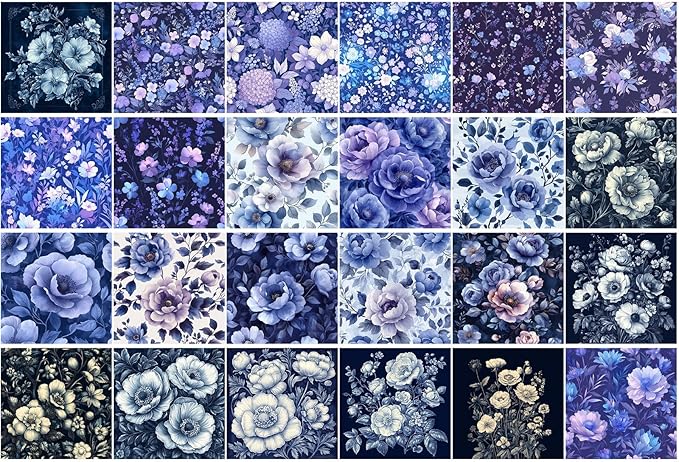 FLONZ Scrapbook Paper (24 sheets 6"x6") Twilight Floral Reverie ~ Dreamlike floral patterns in deep indigo and lavender tones, created in digital watercolor and ink illustration style