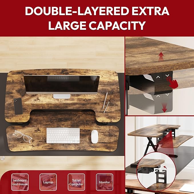 SANODESK Standing Desk Converter with Electric Motor 35" Height Adjustable Desk Riser for Office Home,Monitor and Laptop Workstation with Large Keyboard Tray,Rustic Color