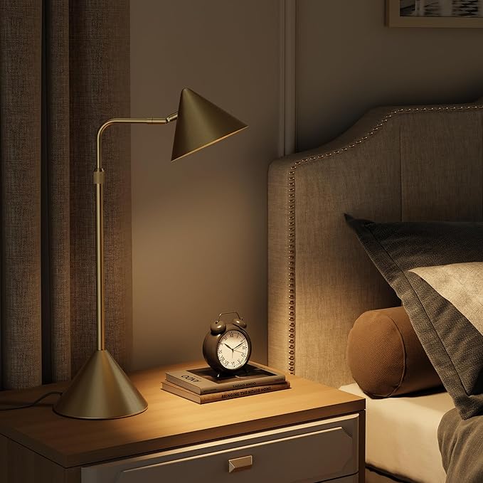 Metal Desk Lamp, 3000k Soft Light Modern Desk Lamp with Dimmer Switch, Adjustable Lighting with Swivel Arm Reading Lamp for Bedside Table, Office Desk, Task Light, Living Room(Gold)