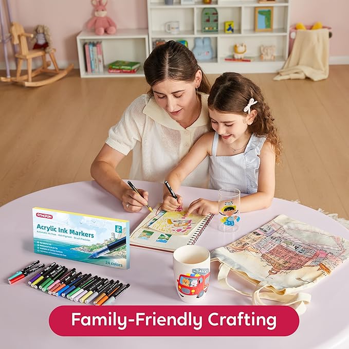 SYNCFUN 24 PCS Acrylic Paint Markers, Brush Tip Markers, Waterproof Paint Coloring Pens for Drawing, Art Supplies & Kids DIY Craft, Fabric, Canvas, Rock Painting, Wood, Glass, Ceramic, Metal