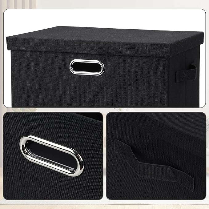 Large 17" 36 Quart Collapsible Stackable Storage Bins with Lids, 3 Packs Black Linen Fabric Closet Boxes with Lids, Storage Cube Baskets Container Organizers for Bedroom Office(17 x12 x11)