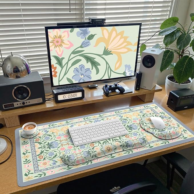 iCasso Desk Cover Mat, Gaming Mouse Pad Wrist Support Set,4in1 XXL Large Mousepad + Keyboard Wrist Rest+Mouse Wrist Rest+Coaster Set with Ergonomic Design for Home Office Table Computer(Green Flowers)