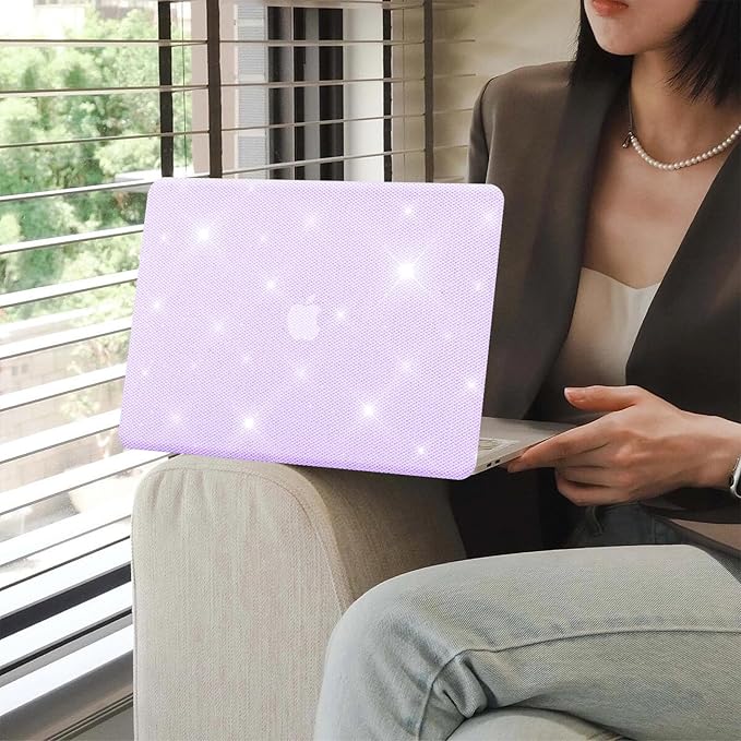 KEROM Glitter Case for MacBook Air 13 inch 2025-2022 M4 M3 M2 A3240 A3113 A2681, Luxury Bedazzled Shiny Bling Sparkle Textured PU Leather Hard Shell & Keyboard Cover for Mac Air 13.6 inch Case, Purple