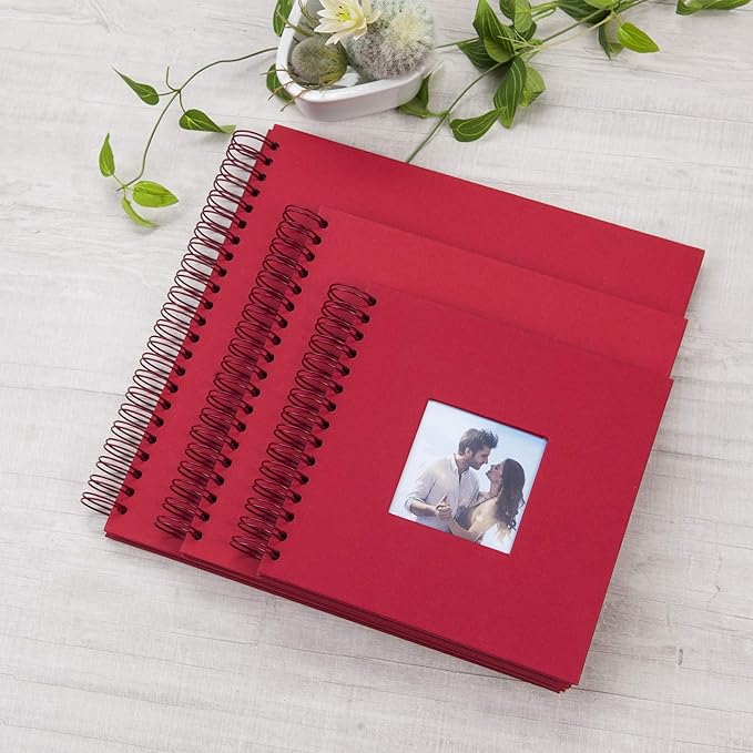 10 x 10 Inch DIY Scrapbook Photo Album with Window Design Cover 80 Pages Craft Paper Memory Book for Weeding Anniversary Travel and Baby (Red)