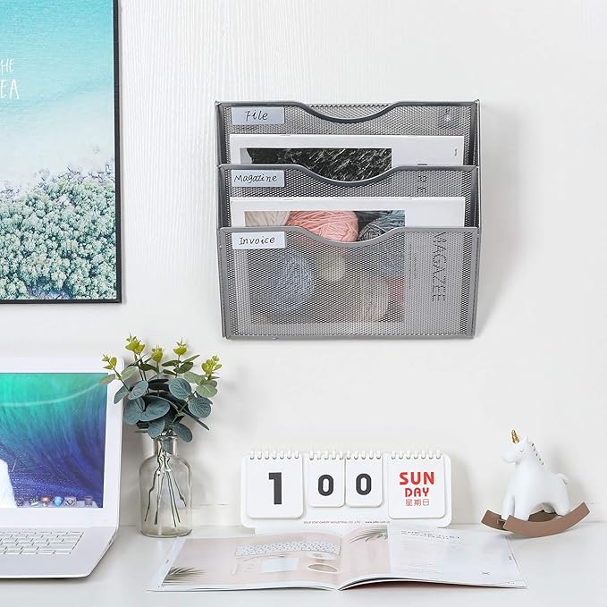 PAG Hanging Wall File Holder Mail Organizer Wall Mount Document Letter Rack, 3-Tier, Silver