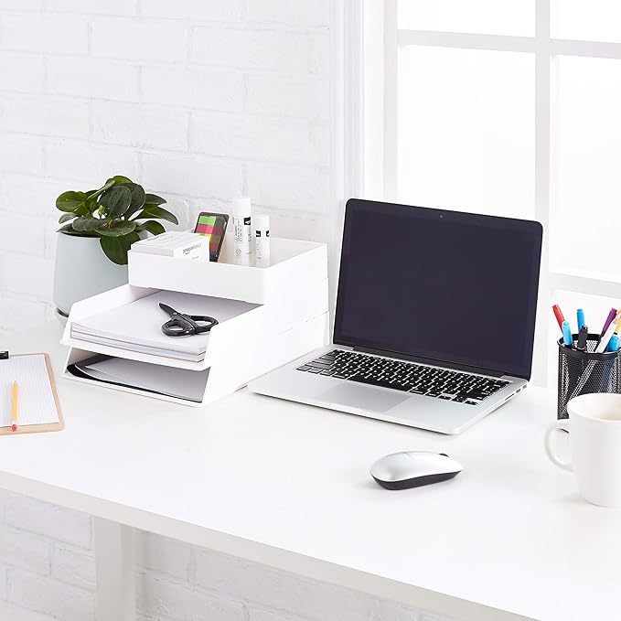 Amazon Basics Rectangular Plastic Desk Organizer with Storage Trays, Accessory Tray, 9.4 x 6.7 x 2 inch, White