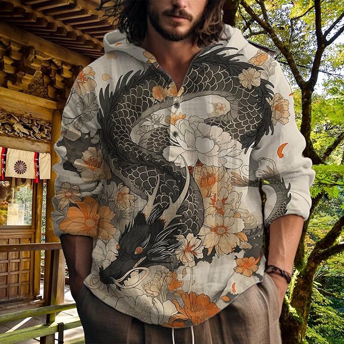 MARSVOVO Hooded Long Sleeve Shirt Men Fashion Graphic Button Up Lightweight Big and Tall Casual Vacation Shirts for Men