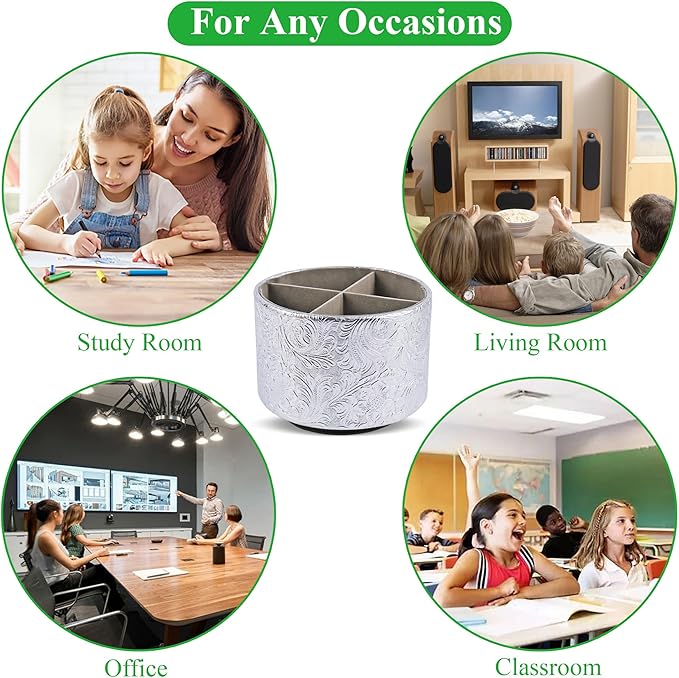 lizimandu Round Leather Art Supply Organizer,Remote Control Holder,360 Degree Spinning,Multi-Functional Pencil Holder,4 Compartments Desktop Stationary Organizer(1-Carved Silver)