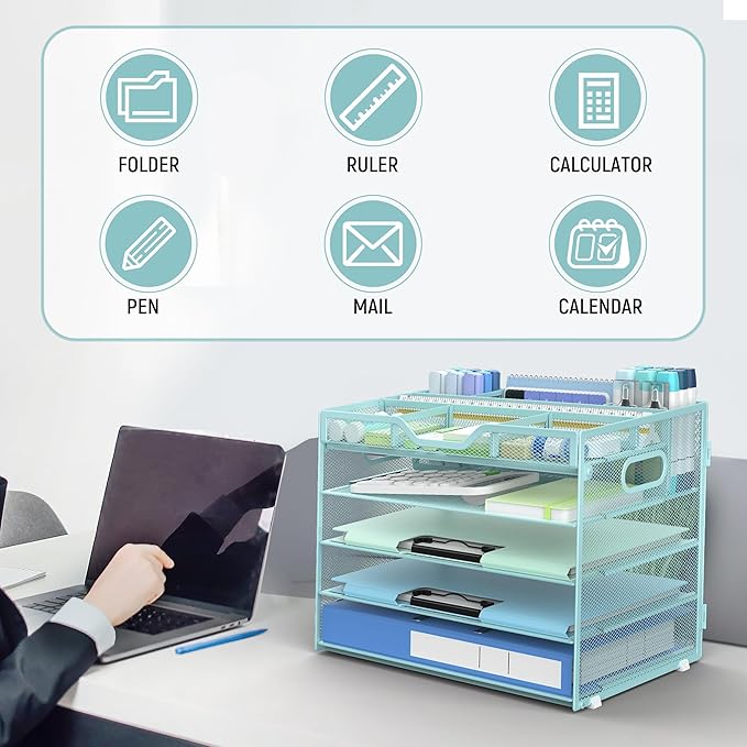 Docnest 5 Tier Mesh Desk Organizer- Letter Tray with Adjustable Compartments, Mesh Desktop Storage Built in Pen Holder and Handles, Desk Organizer Tray for Mail Documents Office Supplies-Blue