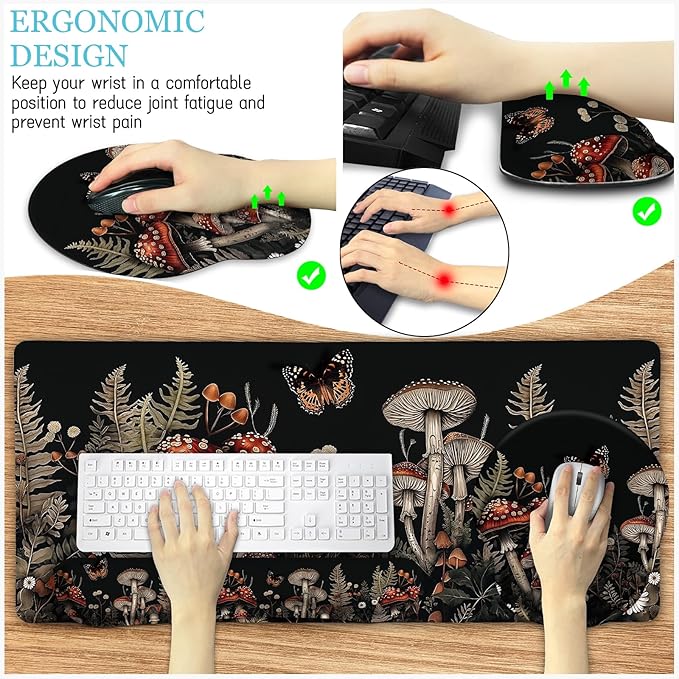 Mushroom Mouse Pad Set Large Desk Matt for Desktop, Ergonomic Mouse Pad with Wrist Rest, Gaming Mouse Pad Wrist Support Keyboard Mat Cup Coaster Set Office Desk Decor Accessories