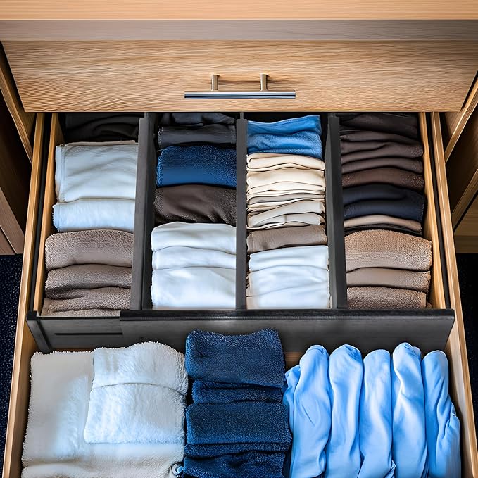 Utoplike Bamboo Drawer Dividers Large, 4'' High Adjustable Kitchen Drawers Organizers for Clothing, Spring Loaded, Works in Bathroom, Dresser, Desk, 4 PCS, Black