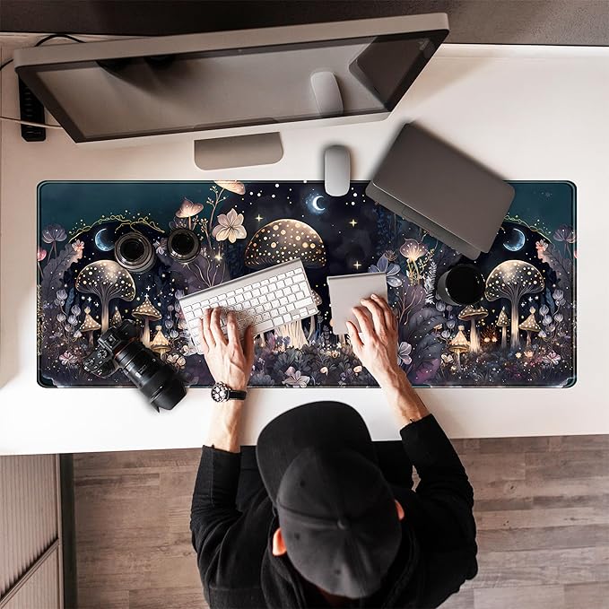 Cute Dark Mushroom Moon Night Mouse Pad XL Extended Gaming Mat with Stitched Edges, Computer Laptop Keyboard and Mouse Mat for Women Office Desk Decor, 31.5x11.8 in
