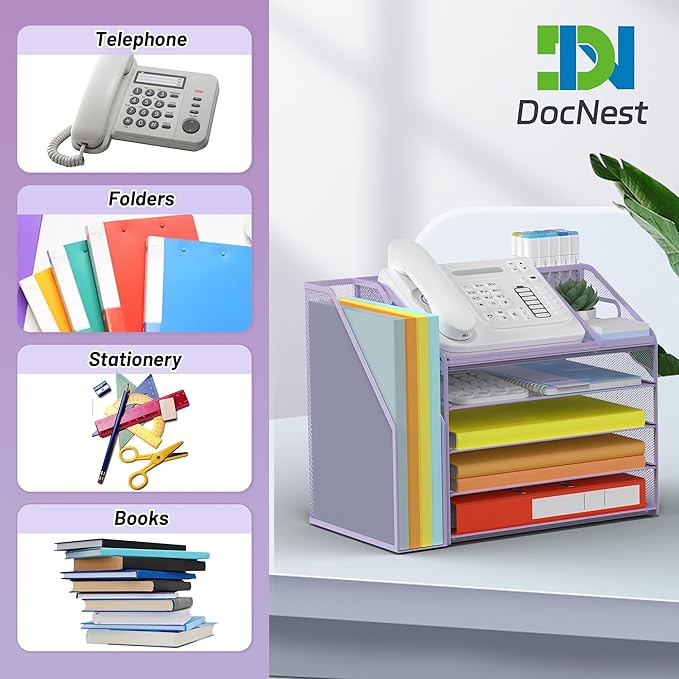 DocNest 5 Tier Paper Letter Tray File Organizer, Mesh Desk File with Handle, Workspace Desk Organizers with Pen Holder, Office Organization Storage Accessories - Purple