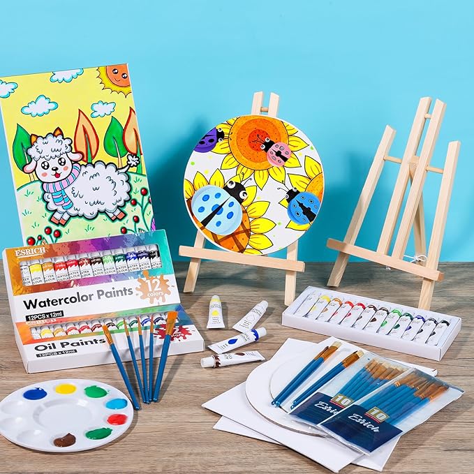 ESRICH 78Pack Acrylic Paint Set, Painting Kits for Adults, Paints Kit With3 Pack of 12 Colors Paint 3 Sets of Wooden Easels, Canvas, Brushes, Palette,Art Paint Supplies Kit for Adults Kids Beginner