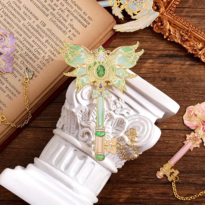 4pcs Metal Bookmarks Set for Reading Women and Men, Enchanted Floral Wing Key Magic Reading Accessories, Fantasy Book Marks Gifts for Book Lovers Readers Kids Page Holders with Flower Feather Designs