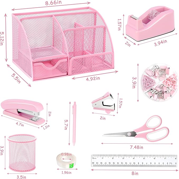 Pink Office Desk Accessories Supplies, 12pcs Desk Organizers and Accessories with Tape dispenser and Stapler,Staples,Staple Remover,Pen Holder,Scissor,Ruler,Sticky Tabs,Tape,Ballpoint Pen,Clips Set