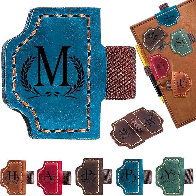 Custom Bygone Mark Bookmark with Pen Holder, 26 Letters Name Initial Personalized Magnetic Leather Bookmark, Gifts for Book Lovers, Readers, Travelers, Leather Book Marks (Blue, M)