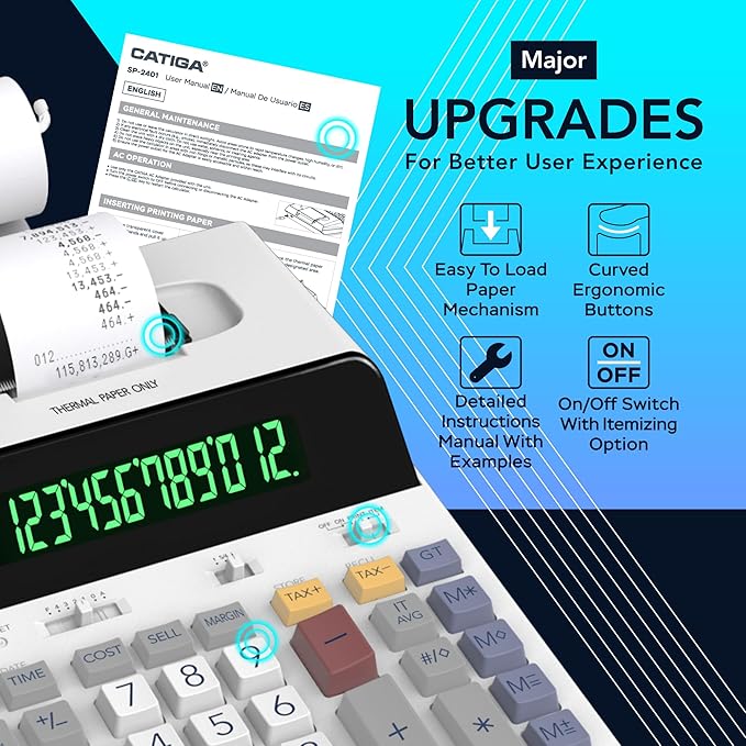 CATIGA 12 Digit Thermal Printing Calculator with Tape Print Out, Ink-Free Adding Machine, 5X Faster Quite at 8.0 LPS, Extra Large Fluorescent Display, Tax Calculation with Clock and Calendar, SP-2401