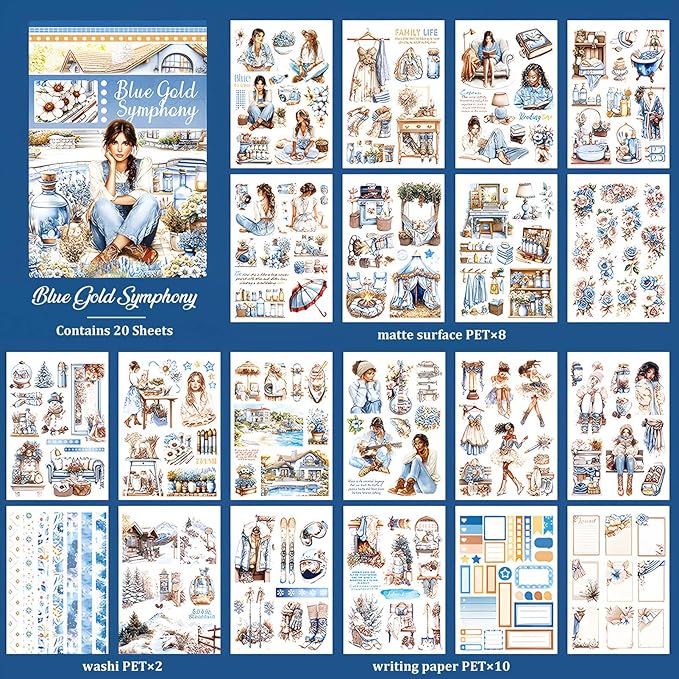 Snycler Blue Gold Symphony Theme Sticker Scrapbooking Supplies for Junk Journal, 20 Sheets PET Stickers - Vintage Journaling Stickers, Ephemera Sticker Book Pre Cut, Planner, Junk Journal Supplies
