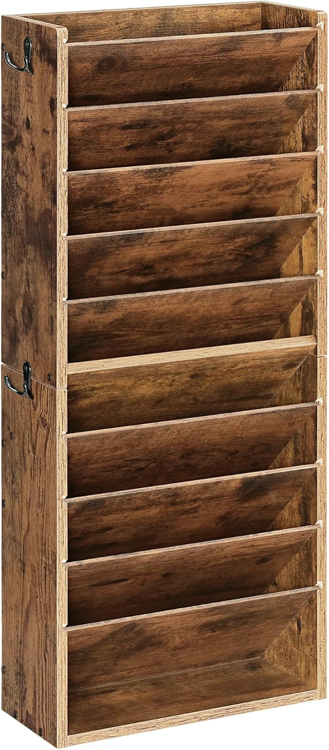 Wall File Organizer, 10-Tier Hanging Mail Organizer, Wall Mount File Holder with 4 Side Hooks, Mail and Storage Organizer, Wooden Vertical Hanging Holder for Office, Rustic Brown MWJ03FG