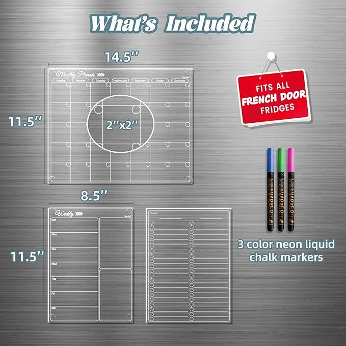 Clear Non-Magnetic Calendar Set for Fridge - Dry Erase Transparent Monthly, Weekly Calendar and List Board - Sticks to Wall, Glass, Door, Any Smooth Surfaces