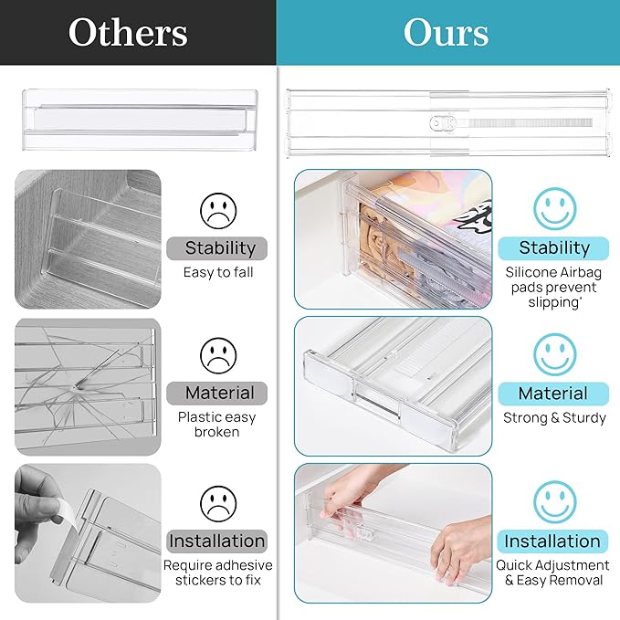 Vtopmart 12 Pack 4" Regular Upgrade Drawer Dividers for Clothes, 12.8"-22.3" Expandable Dresser Drawer Organizer, Clear Plastic Separators for Dresser, Baby Clothing, Underwear, Cosmetic, Toiletries
